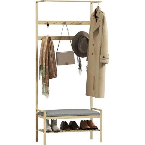 Garderobenständer mit Schuhablage, 10 Haken, Kleiderstange, gepolstertem Kissen, Natur