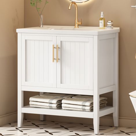 Mobiletto da bagno da 80 cm con lavabo in ceramica, mobiletto autoportante in MDF bianco. (1/5)