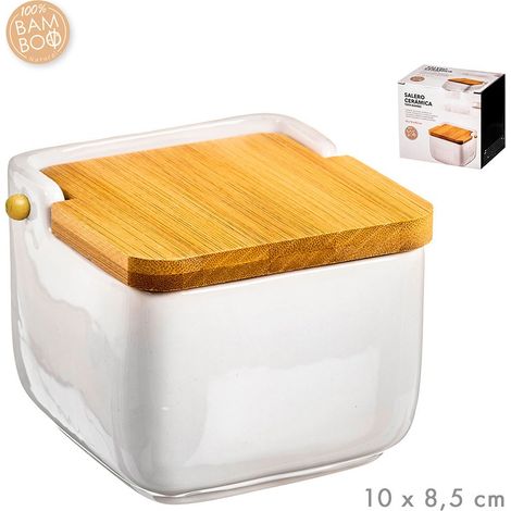 Salero de cerámica con tapa de bambú 10 x 10 x 8,5 cm