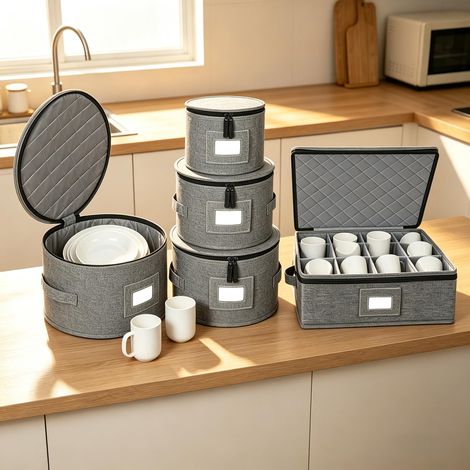 Lot de 5 Boîtes de Rangement en Feutre pour Assiettes,avec Couvercle,Poignées,Séparateurs et Fenêtres de Visualisation,pour Assiettes,Tasses,Vaisselle et Verres à Vin (Gris Foncé) (1/5)
