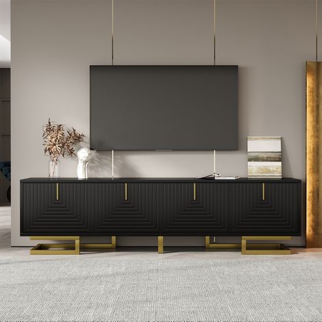 Meuble TV Noir 160 cm avec Portes Structurées, Poignées et Pieds Métal Dorés pour Salon -PANGIVO (1/5)