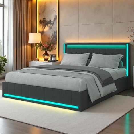 Doppelbett 160x200 - Maxi Aufbewahrung - 4 Schubladen - RGB LEDs - Ökologischer Leinenstoff Anthrazitgrau