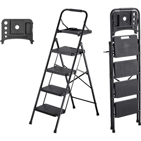 Escabeau 4 marches pliant, large marche antidérapante, plateau à outils, poignée ergonomique, capacité 272 kg, acier portable, pour cuisine, maison, bureau, noir. (1/5)