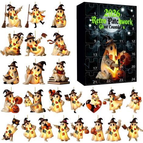 Halloween-Adventskalender in einer Überraschungsbox, 24-tägiger Countdown, Retro-Patchwork-Acryl-Geisteranhänger, Geschenkbox (Typ K) (1/2)