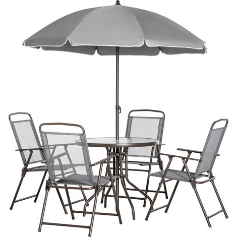 6 Piece Garden Dining Set  Umbrella, Patio Sets  Parasol  4 Folding Dining Chairs & Round Tempered Glass Table, Grey (1/5)