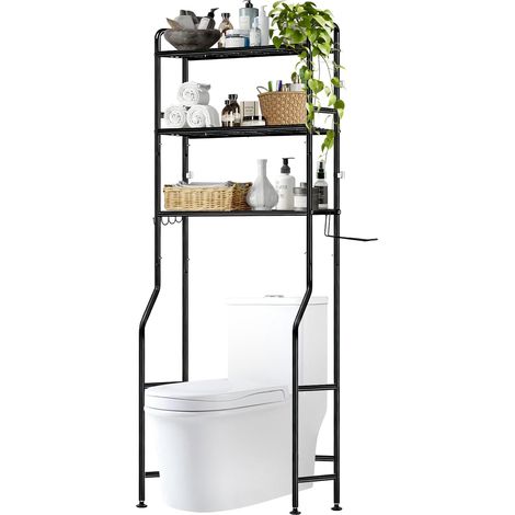 Étagère pour machine à laver, étagère WC sur machine à laver, armoire de toilettes, 3 étagères, porte-serviettes, 62 x 163 x 22 cm, noire (1/5)
