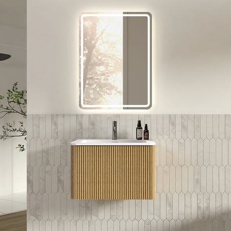 Conjunto de muebles de baño con espejo, mueble de lavabo de 60 cm con armario bajo, premontado, armario a rayas con un cajón, acabado en roble, espejo LED sin marco de 60 x 80 cm. (1/5)