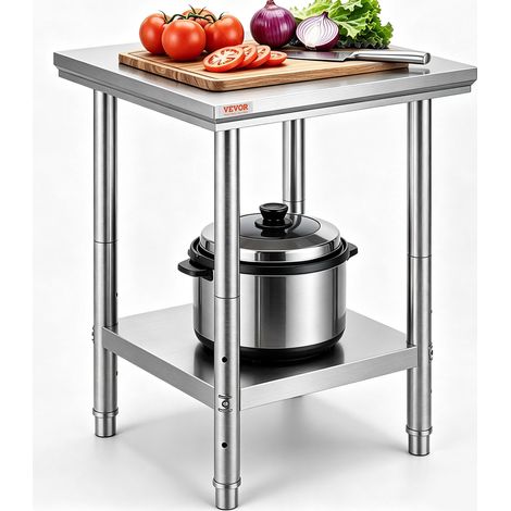 Montage facile table de travail inox 60x60x80 cm, plan de travail cuisine 2 niveaux avec étagère réglable (1/5)