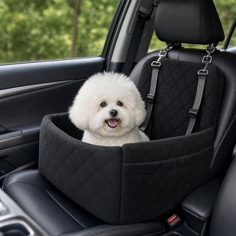 Siège auto pour petits chiens, rehausseur avec 2 ceintures de sécurité, rehausseur avec mémoire de forme pour chiots, lit pour chien pour voiture, 45 x 45 x 34 cm (1/5)