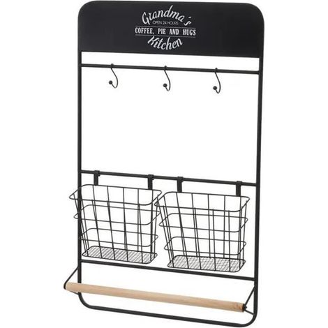 Étagère murale de cuisine - JUANIO - 38x7,5x61 cm - Métal noir - Porte rouleau - 2 paniers & 3 crochets (1/4)