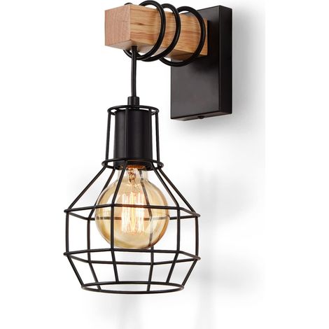 Applique murale d'intérieur style cage, luminaire mural industriel vintage en métal et bois, culot E27, noir sans ampoule