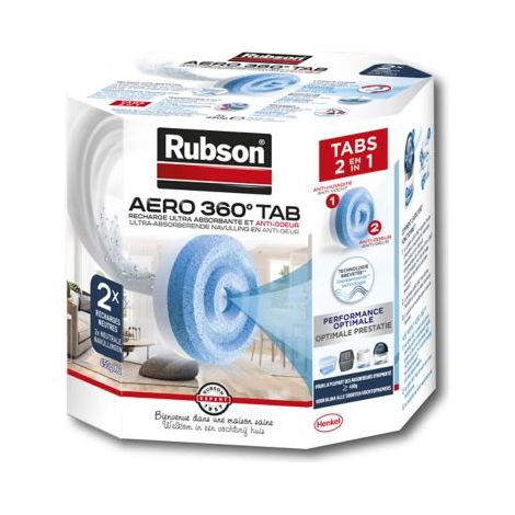 Rubson AERO 360° 2 Recharges de 450 g en tabs neutres pour absorbeur d'humidité, recharges pour déshumidificateurs AERO 360° ultra absorbantes et anti odeurs
