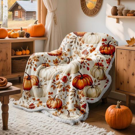 Herbstdecke Sofa Bett weich, Flanellen-Ueberwurf orange Print Kuerbis, Stuhl Deko Geschenk originell (1/4)