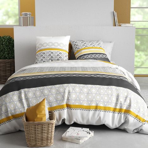 Parure housse de couette 260x240cm + 2 taies motif blanc gris et jaune 100% coton - IPSAR (1/4)