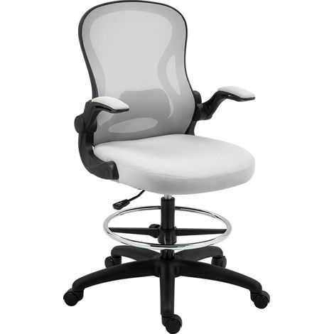 Chaise de dessin pivotante avec soutien lombaire, repose-pieds réglable et accoudoirs rabattables, 59 x 65 x 102-122 cm, gris clair (1/5)