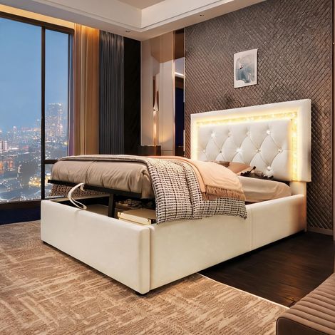 Cadre de lit beige en velours 209 x 101 x 104 cm (1/5)