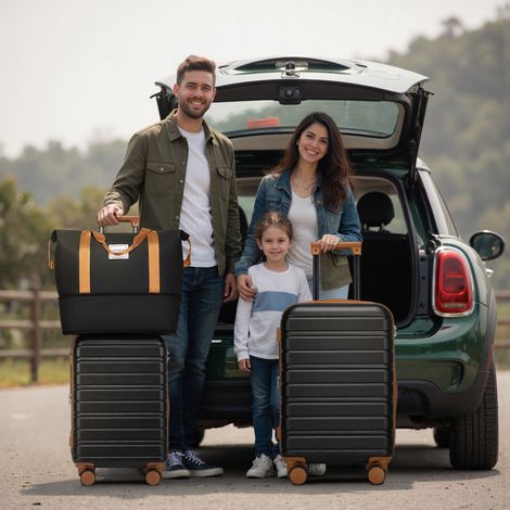 Set de 6 valises rigides extensibles avec sacs de voyage, roulettes pivotantes, noir (1/5)