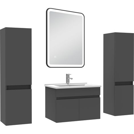 Ocean Meuble simple vasque anthracite 60cm avec colonne + miroir 3 couleurs + dimmable
