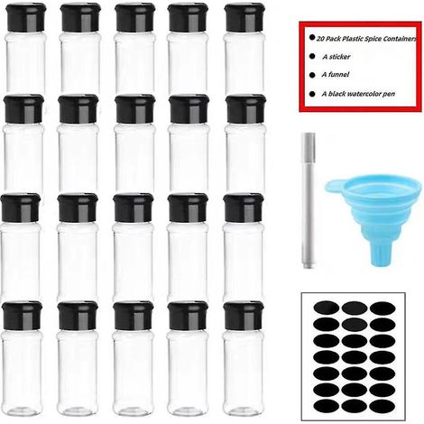 Set mit 20 durchsichtigen Gewürzgläsern aus Kunststoff mit Streudeckeln und Etiketten, leere Gewürzflaschen aus Kunststoff.