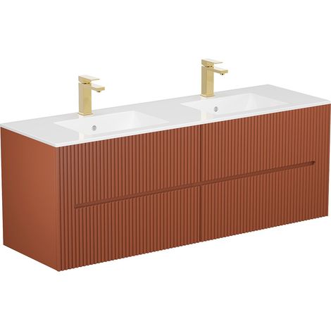Meuble de salle de bain suspendu avec vasque à encastrer et robinet - Strié terracotta - 150 cm - PAVANI