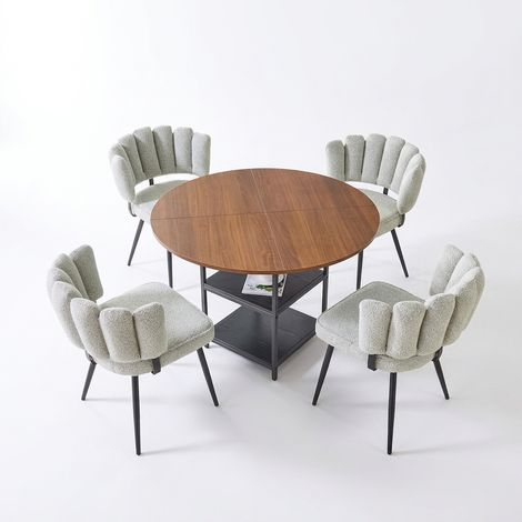 Ensemble table ronde et 4 chaises, table à manger ronde 107 cm aspect noyer avec double rangement, sièges bouclette crème (1/5)