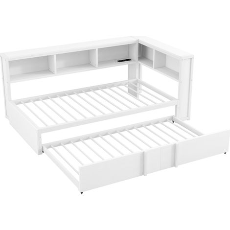 Cama de reposo de metal 90 x 200 cm con cama nido, almacenaje, LED y puertos USB, blanca (1/5)