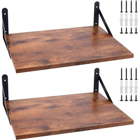 Lot de 2 étagères murales rustiques en bois - 40 x 30 cm - Marron - Avec supports métalliques - Étagère murale en bois avec vis pour salon, chambre à coucher, salle de bain (1/5)