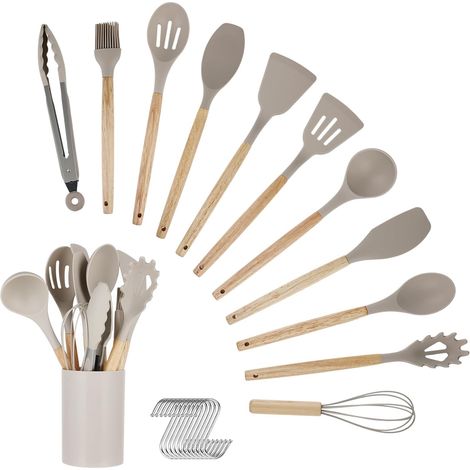 Lot de 12 ustensiles de cuisine en silicone avec boîte à couverts - Ustensiles de cuisine avec poignée en bois, résistant à la chaleur, antiadhésif et passe au lave-vaisselle - Ustensiles de cuisine (1/5)