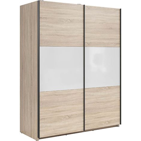Armoire à 2 portes coulissante coloris Chêne sonoma/Blanc brillant - Longueur 153,5 x Profondeur 60 x Hauteur 195,5 cm (1/4)