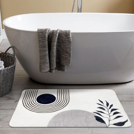 Tapis de bain style bohème, 50 x 75 cm, antidérapant, en microfibre douce et absorbante, coloris noir et blanc. (1/5)