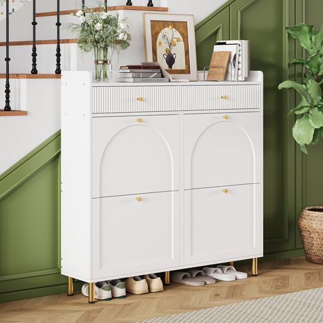 Meuble à chaussures étroit 4 abattants et 2 tiroirs, 106,5 x 25 x 105,5 cm, blanc OKMYHOME (1/5)
