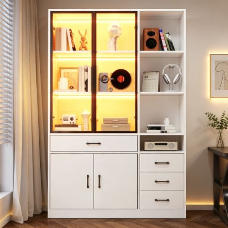 Modernluxe - Vitrine avec éclairage LED - 120x35x200 cm - 13 compartiments de rangement, 4 tiroirs et 4 portes - Blanc (1/5)