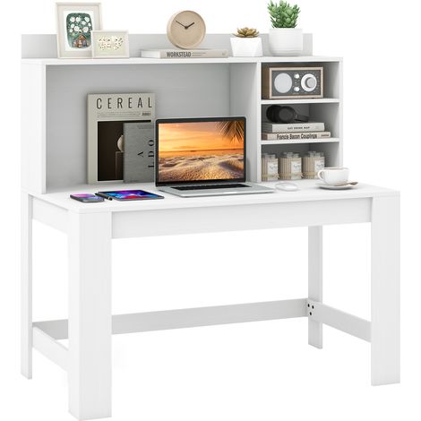 COSTWAY Computer Desk Modern White Laptop PC Desk with Hutch-White (1/5)