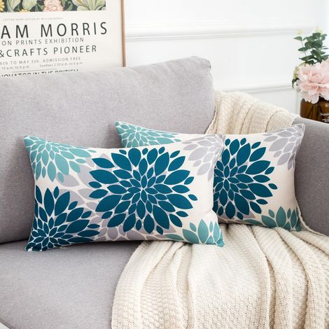 Housses de Coussin Canapé 30x50 cm Décoratives Lot de 2 Taie d'oreiller en Lin Fleur Bleu Sarcelle et Gris Coussin Moderne Carré Ferme Taie d'oreiller pour Salon Canapé Intérieur Extérieur Jardin (1/5)