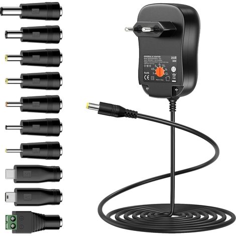 30W Adaptateur Secteur Universel AC DC 3V 4.5V 5V 6V 7.5V 9V 12V Chargeur Alimentation avec Port USB 5V 2A et 10 Connecteurs DC pour électroniques Ménagers, 2000mA Max (1/5)