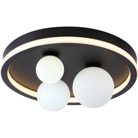 Searchlight Trident Plafonnier LED 3 lumières, métal noir et boules en verre opale (1/3)