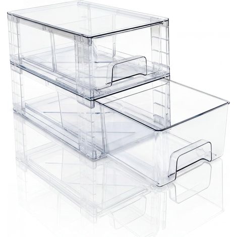 Lot de 2 Tiroirs de Rangement Empilables Transparent Petit Modèle, Organisateurs Acrylique avec Poignées, pour Réfrigérateur, Salle de Bain, Cuisine, Placard, Rangement Garde-Manger (1/5)
