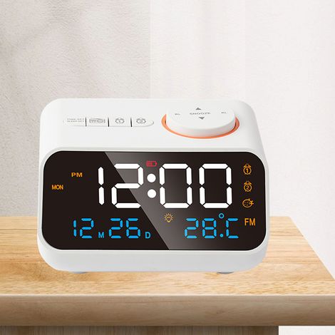 Radio-réveil multifonction avec LED, minuterie musicale, radio FM rechargeable, blanc. (1/5)