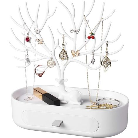 Ineasicer Arbre Porte Bijoux avec Tiroirs, Support Bijoux en Plastique, Deer Présentoir à Bijoux pour Boucles d'Oreilles, Colliers, Bracelets, Montres et Bagues (Blanc) (1/5)