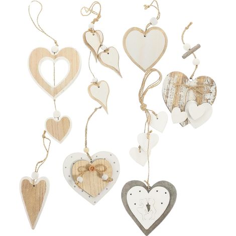 Ornements Suspendus de Cœur en Bois Naturel, 7 Styles Variés, Décoration Murale et Festive en Bois, Suspendus Polyvalents pour Mariage, Saint-Valentin, Fête et Maison, Ensemble (1/5)