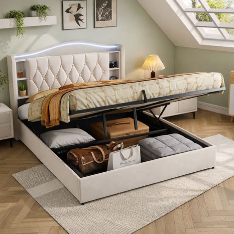 Lit 160x200 cm avec Sommier LED et port USB Tpye-C - Lit 2 Personnes avec Hydraulique - Tête de Lit avec Rangement - Velours Beige (1/5)