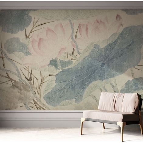Papier peint adhésif décoratif avec colle pour salon chambre et bureau Installation rapide Feuilles de lotus 312x219 cm (1/5)