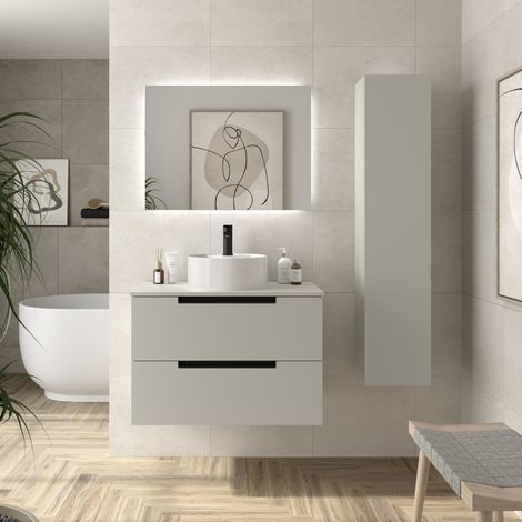 Mueble de Baño LENI 80cm Gris mate 2 cajones Lavabo sobre encimera 1 poza Porcelana (1/5)