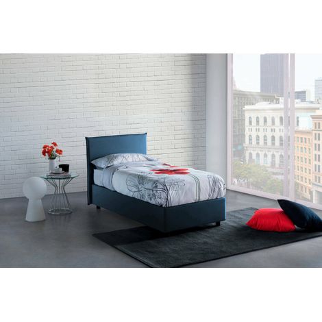 Dmora - Cama individual Daquin, Cama contenedor con revestimiento de tela, 100% Made in Italy, Apertura frontal, con colchón Cm 80x190 incluido, Azul (1/5)