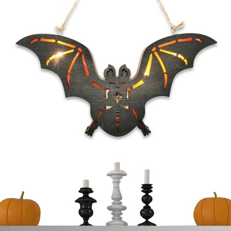 Décorations de fête en bois de chauve-souris d'Halloween Signes de maison avec lumières LED pour décorations de fête (1/2)