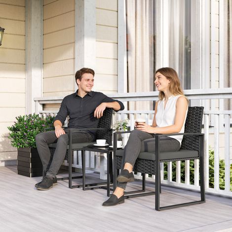 Rattan Bistroset, 3 teiliges Gartenmöbel-Set mit 2 Gartenstühlen, Couchtisch, abnehmbar Kissen Dunkelgrau