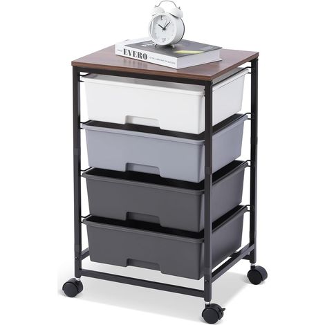 Chariot de rangement à 4 tiroirs sur roulettes plateau de table en bois, pour cuisine, salon, chambre à coucher, mouvement facile, grande capacité, 4 tiroirs, gris (1/5)
