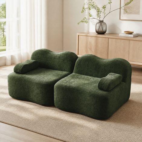 Canapé modulable 2 places sans armature, forme ondulée, velours vert, 192 x 98 x 70 cm, OKWISH (1/5)