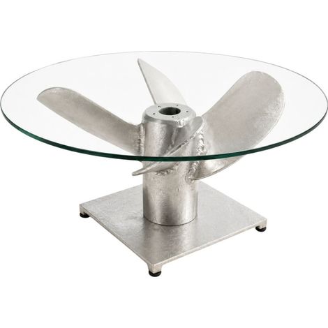 Tavolino basso ALUMIA rotondo 60 cm in alluminio argentato e vetro temperato – design industriale con piede a elica