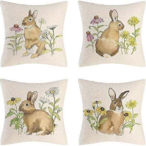 Lot de 4 taies d'oreiller décoratives en coton et lin, motif lapin de Pâques (45 x 45 cm, lapin gris). (1/5)